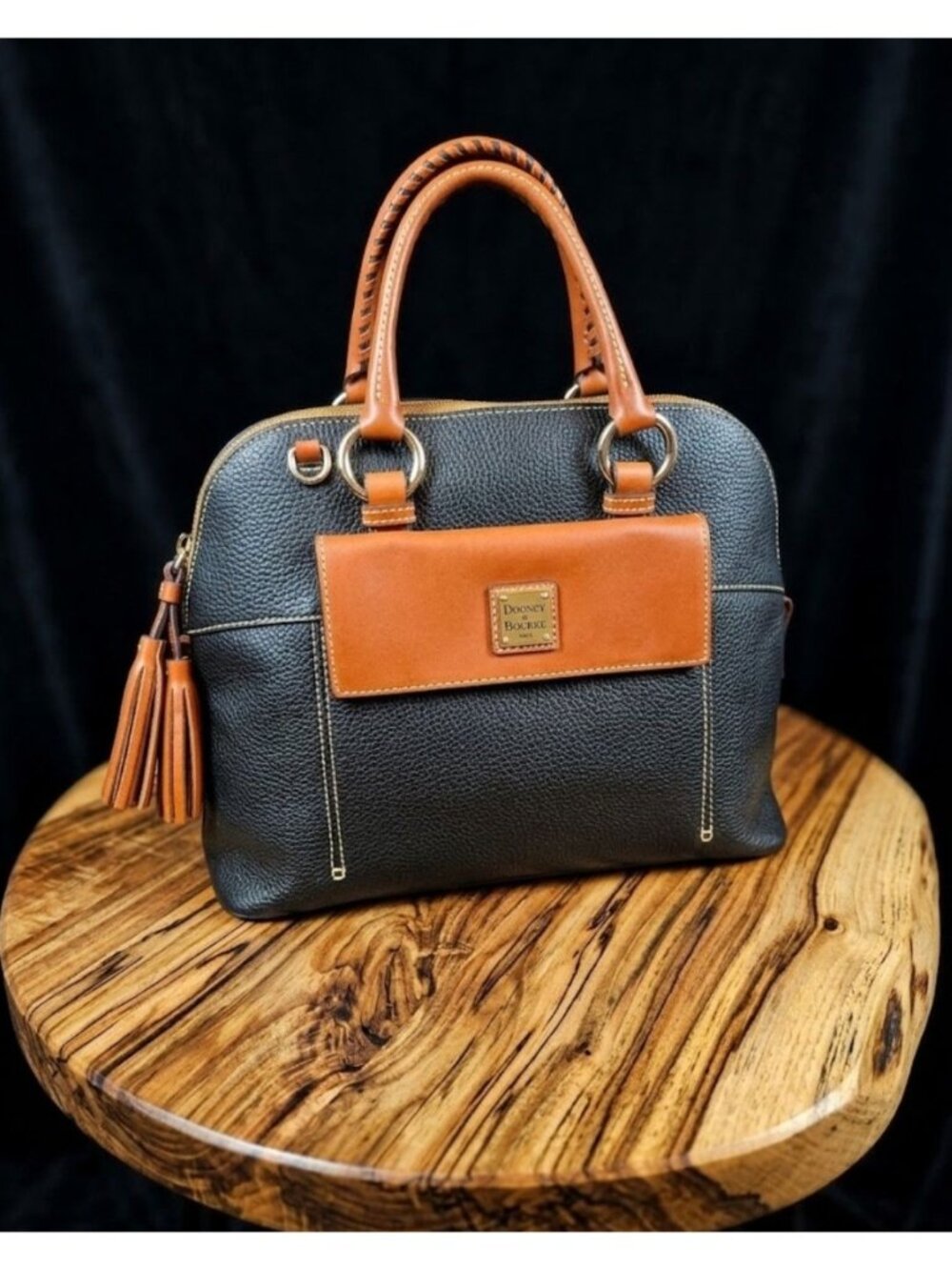 Dooney & Bourke Pebbled Leather Aubrey Top Handle & Crossbody Satchel -Black/Tan